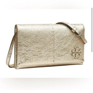 Tory Burch Gold Metallic Clutch with Logo Emblem
